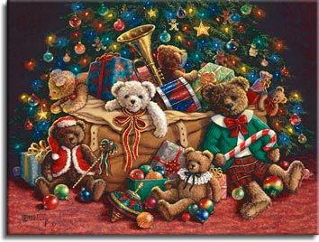 Teddy Bear Christmas, a new holiday painting from Janet Kruskamp. Teddy bears come out everywhere in this Christmas painting. Gaily dressed, the bears are in and around a large brown canvas bag full of presents and bears. A trumpet and drum poke out the top of the bag, sitting in front of a large christmas tree decorated with bulbs, bear ornaments, and soft blue lights. A top sits on the rust colored carpet in front of a bear wearing a lace collar. A fully dressed brown bear sits on the right holding a large candy cane. One of the Janet Kruskamp Teddy Bear Gallery of Original Paintings hand by Janet Kruskamp.