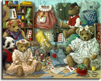 Teddy Bear Wear, a painting of teddy bears and various teddy apparel in stages from pattern cutting to assembly. Buttons are spilling out a tipped over jar, while button packages are on the wall and table. A well worn pin cushion sits with the scissors in front. One of the Janet Kruskamp Teddy Bear Gallery of Original Oil Paintings and  Original Oil Paintings by Janet Kruskamp