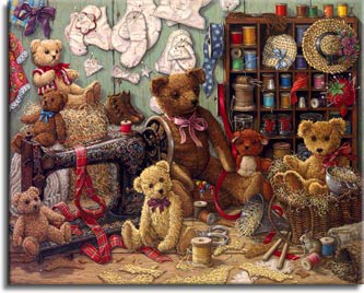 Teddy Bear Workshop, a painting of several teddy bears surrounding an antique sewing machine, shelves of threads and many patterns tacked to the wall. One of the Janet Kruskamp Teddy Bear Gallery of original oils and  Original Oil Paintings by Janet Kruskamp