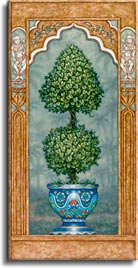 Temple Topiary 1, a painting of a carefully sculpted tree in a blue planter, one of Janet Kruskamp's original paintings, by artist Janet Kruskamp