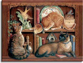 The Birdwatchers, a painting by Janet Kruskamp depicting three cats on two bookshelves, two cats stalking a ceramic bird, part of the Cat Paintings Gallery of original oil paintngs by Janet Kruskamp.