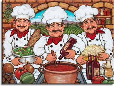 Three Happy Chefs, another original painting available from Janet Kruskamp Studios. This colorful image features three chefs dressed in kitchen white with hats, and a bright red kerchief around each one's neck. In the center, a chef is adding a drop of wine to the pot of red sauce simmering on the stove. The chefs on either side hold a bowl of salad and a bowl of pasta noodles. Ingredients cover the counter in front of the chefs, onions, tomatoes, peppers, garlic, oil, wine and meatballs. The brick back wall looks through an arched window to the farm rows behind. This tasty painting is available for purchase as an original oil on canvas painting by the artist Janet Kruskamp.