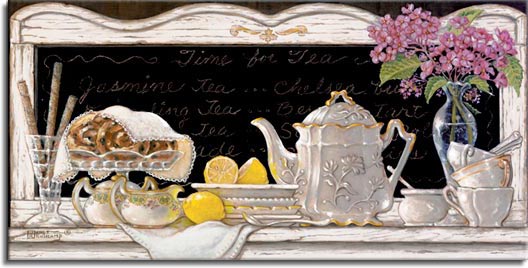 Time for Tea, an original oil painting of a lovely white porcelain tea set with tea pot, creamer, sugar bowl, plates, cups and spoons. A thin clear glass vase with small purple flowers decorate the weathered white wooden sideboard framing the painting. Freshly cut lemons await their use. Delicious looking rolls on a round crystal tray peek out from under an embroidered lace cloth accompanied by a holder of rolled tubular pastries. Time for Tea is , then enhanced and hand by Janet Kruskamp.