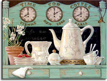 Time for Coffee displays another detailed antique coffee set. In this oil painting we see the coffee set already used with half eaten strawberries and a cute potted plant. Above the chalk menu are clocks for Vienna, New York, and Paris. This is part of Janet’s Kruskamp’s newer original paintings, and hand signed.