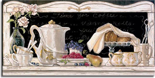 Time for Coffee II, an oil painting of a fine white porcelain coffee set with coffee pot, creamer, sugar bowl, sugar tongs and holder, plates, cups and spoons. Ripe red raspberries and plump blueberries accent the table along with a ripe pear. Yummy baked goods on a round crystal tray peek out from under a linen cloth. The setting, framed by weathered white wood, also includes a clear glass vase holding white flowers. Time for Coffee II is , then enhanced and hand by Janet Kruskamp.