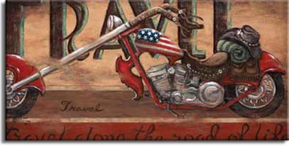 Travel, an iconic poster from artist Janet Kruskamp. Ms. Kruskamp has taken the chopper motorcycle image and given it new life, loading the motorcycle with a bedroll, a broad-brimmed hat, and topping it off with a red, white and blue gas tank painted as an American flag. Displayed on a narrow platform the chopper, with it's rich red stylish fenders and frame, sits in front of the tall word TRAVEL,and underneath the bike is written out in longhand Travel down the road of life. The richly textured background, weathered and scuffed enhances the poster's vintage look. This unique look at Americana on two wheels is available directly from the artist, Janet Kruskamp. 