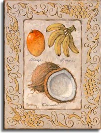 Mango, Bananas, and a Coconut are displayed in part one of Ms. Kruskamp’s two part series of “Tropical Fruit.” This giclees  looks as though it has been painted on concrete with the border chiseled out. Each fruit is filled it filled with color, detail and has the description listed below. This  giclee has been enhanced and hand by Janet Kruskamp