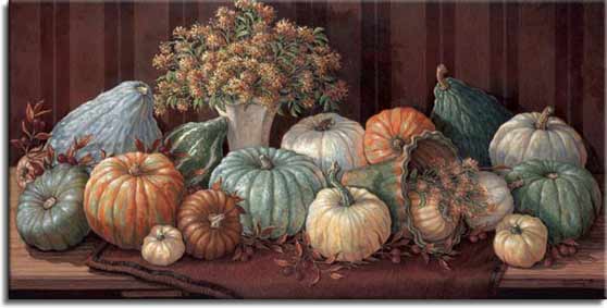Tuscan Harvest, a new painting by artist Janet Kruskamp. The shades of these beautiful squash and watermelon has to be seen to be appreciated. The subtle range of fall colors - greens, golds, browns, and yellows are faithfully reproduced in this painting of a table full of the the harvest. Fall leaves and a vase of flowers accentuate this warm, inviting image of earthtones. A thick brown mat sits under the squash and watermelons on top of a wooden table. One of the Still Lifes Gallery of Original Oil Paintings and original paintings by Janet Kruskamp