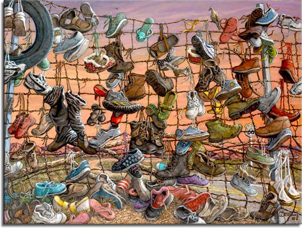 Walking Route 66, a whimsical painting by artist Janet Kruskamp, depicts a wire fence alongside Route 66 with every imaginable type of shoes tied to the fence. The two lane blacktop with the Route 66 marker is visible behind the shoes, boots, sandals, slippers and a tire hung on the fence. Shoes are piled at the base of the fence haphazardly and a dove sits at the top of the fence looking back. Craggy, purple tinged mountains are visible on the horizon through the fence. An orange sky shows clouds and the coming sunset behind the scene. Another orginal oil available directly from the artist, Janet Kruskamp.