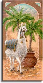 White Llama 1, a painting of a white llama standing in a royal courtyard next to a potted palm, one of Janet Kruskamp's Original Oils, ,  by artist Janet Kruskamp