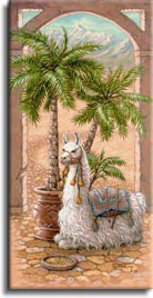 White Llama 1, a painting of a white llama sitting in a royal courtyard next to a potted palm, one of Janet Kruskamp's Original Oils, ,  by artist Janet Kruskamp
