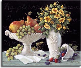 Wild Roses with Fruit, an enhanced oil painting of tangled pears and grapes lying in antique porcelain bowl. An antique vase stuffed with wild roses, and a matching coffee cup. Bright red straw berries and grapes cover the white linens and a black menu silently shows in the background. Wild Roses with Fruit is  has been hand by Janet Kruskamp. 