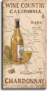 Wine Country I, a giclee , personally enhanced and by the artist Janet Kruskamp featuring an uncorked bottle and glass of Chardonnay wine with a bunch of Chardonnay Grapes. The background is an antique looking map of the Napa wine country in California.