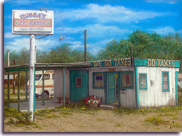 A tired building, faded by years of hot sun, awaits the next customer for Bubba's Tax Service. It's a small wooden building, white with faded turquoise doors and trim. The door is ajar, inviting you and your taxes with neon signs. A covered patio attached at the front provides welcome relief from the hot desert sun. Bubba's sign is on a tall metal pole, emphasizing his business with dollar signs. A recreational vehicle is parked on the far side of the building and a flower planter next to the door brightens up the scene.