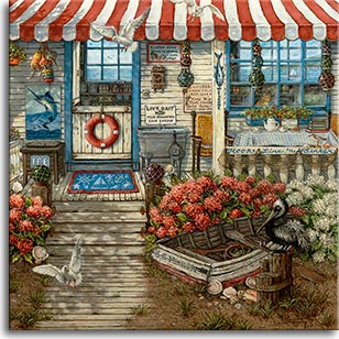 An oil painting of a cozy little bait shop, weathered and worn around the edges, topped with a red and white striped awning. A retired rowboat sits to the side of the wood plank walkway that leads up to the porch. Ice and live bait flank the split open front door. To the side of the porch, a table set with a china tea set awaits. Brightly colored glass floats are hung in nets from the porch roof. Flying gulls and a sleepy pelican are attracted by the live bait. Bright flowers fill the front yard of the shop. Signs offering bait, ice, fishing tackle, lures, custom rods and live bait are posted on the outside of the shop.