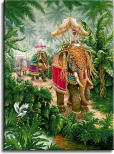 Elephants Festival Bound, an oil painting of brightly decorated elephants being ridden to the festival, one of Janet Kruskamp's Original Oil Paintings, ,  by artist Janet Kruskamp