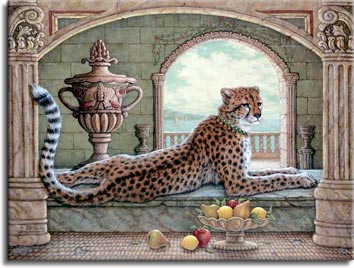 Royal Cheetah, an oil painting depicting a collared cheetah stretched out languidly on a marble floor with a bowl of fruit in front, one of Janet Kruskamp's original paintings,  by artist Janet Kruskamp